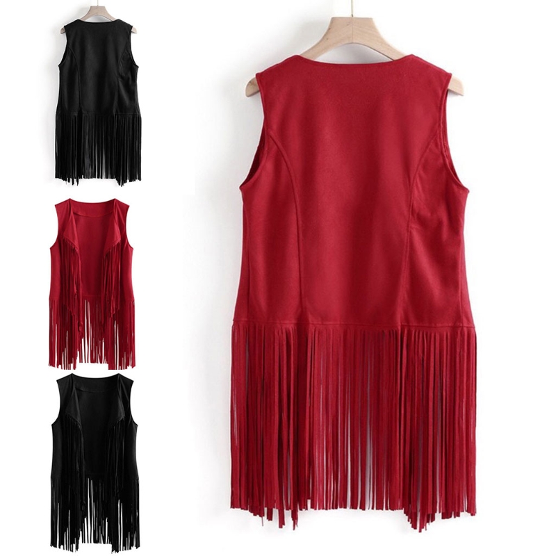 Damen-Weste aus Kunst-Wildleder, ethnisch, ärmellos, für Jacke, Fransen, Quasten, 70er-Jahre, Hippie, vorne offen,