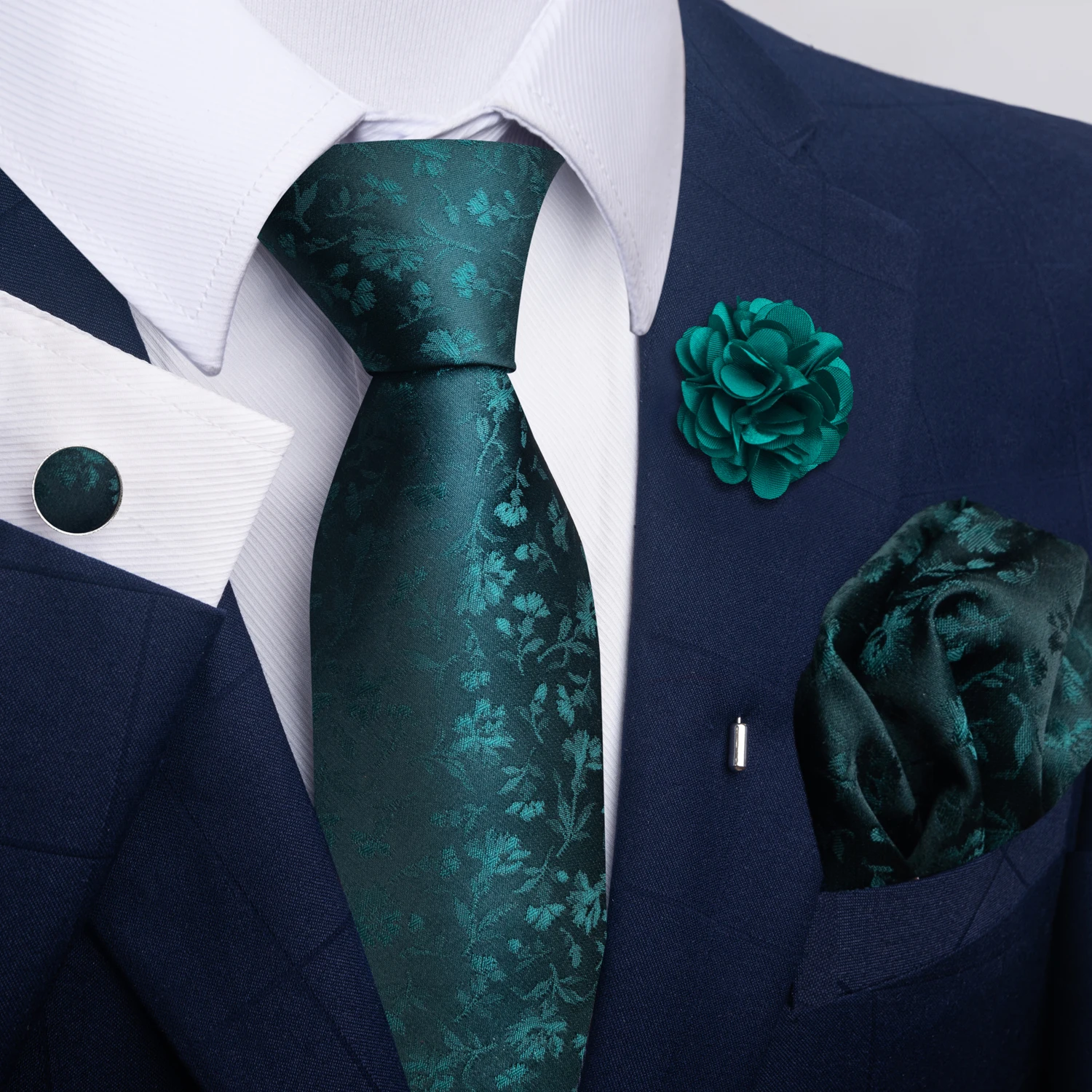 Marca de moda lujosa verde Floral corbata bolsillo cuadrado gemelos broche conjunto hombre traje accesorios regalo de cumpleaños