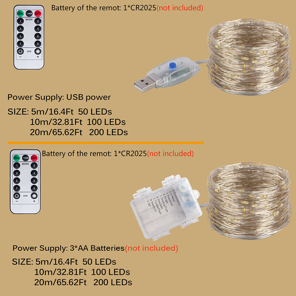 10 M/20 M LED USB/แบตเตอรี่ทองแดงไฟ Fairy Christmas Garland รีโมทคอนโทรล String โคมไฟสําหรับงานแต่งงาน Camping Home Dec