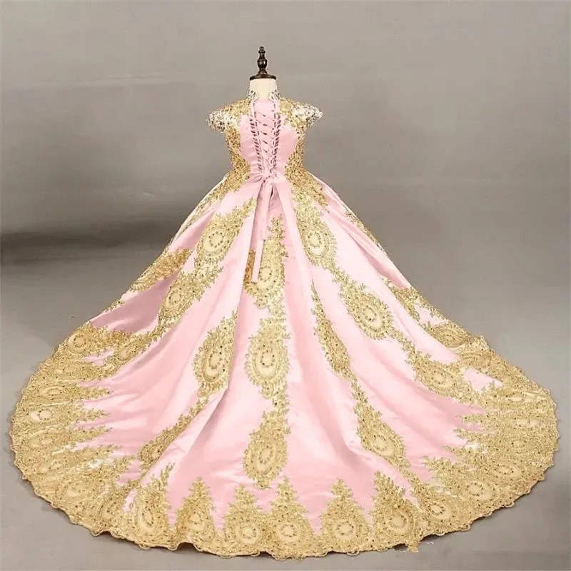 女の子のための黄金のビーズの花のドレス,結婚式の服,ファッショナブルな,pageant,ノースリーブ,レースのアップリケ,聖体拝領,女の子のための