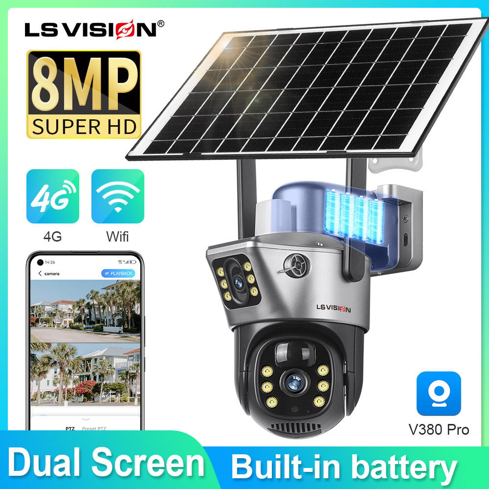 LS VISION-cámara Solar 4G Sim para exteriores, lente Dual, WiFi, 8MP, 4K, IP, Panel Solar, seguridad CCTV, batería integrada, cámara PIR V380
