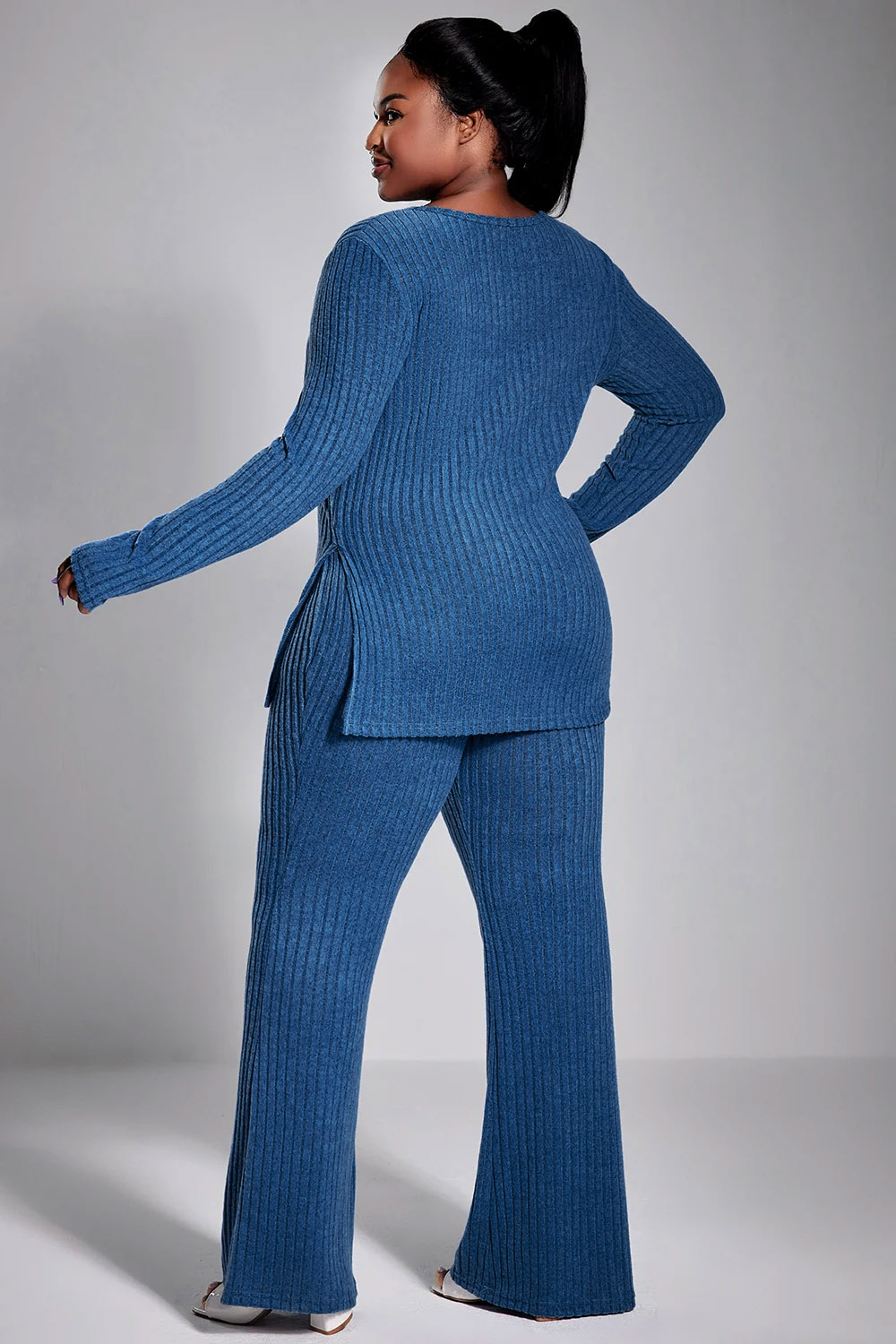 Conjunto de calça casual plus size outono inverno azul royal cor sólida slim fit malha gola redonda conjunto de calça de duas peças