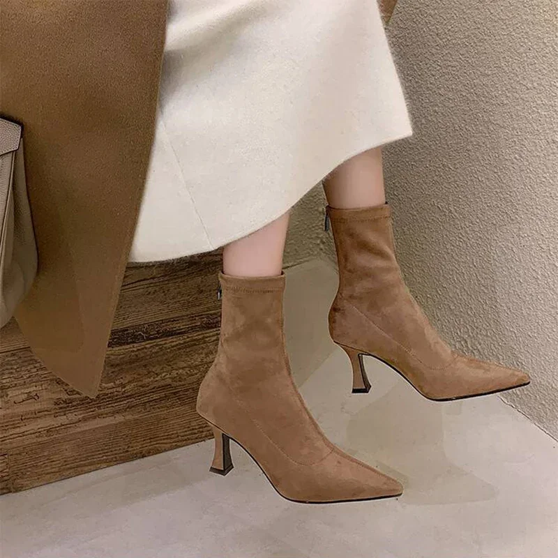 ผู้หญิงวินเทจข้อเท้ารองเท้าแฟชั่น Pointed Toe รองเท้าฤดูใบไม้ร่วงฤดูหนาวรองเท้าส้นสูงสุภาพสตรี Elegant ยืด Slim สั้น Booties