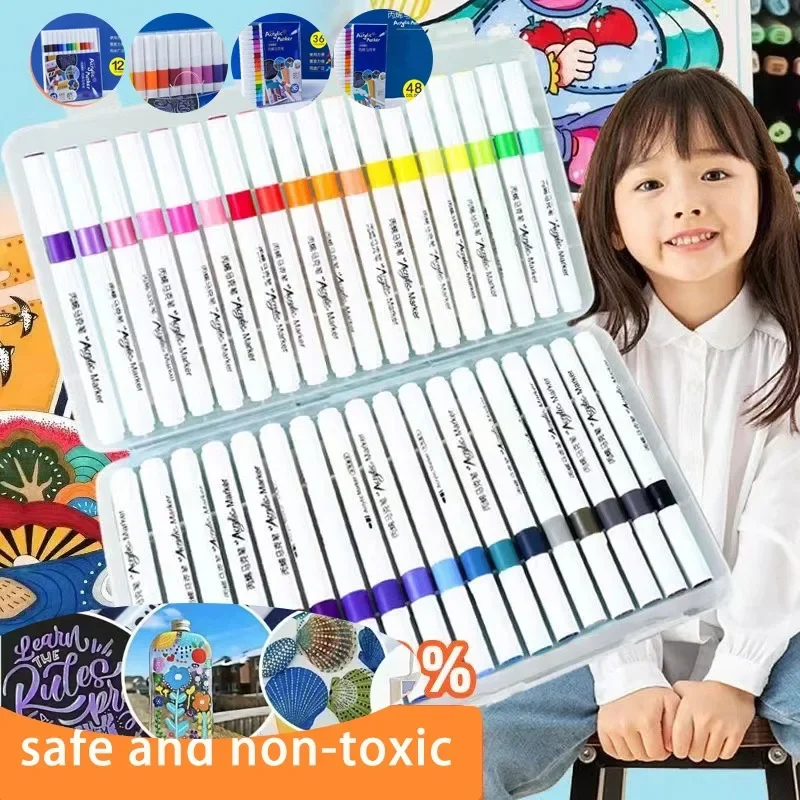 12-60 สีอะคริลิคชุดปากกามาร์กเกอร์สี Art MARKER Soft TIP ปากกาสําหรับเด็กหินสีเซรามิคแก้วไม้ผ้าภาพวาด