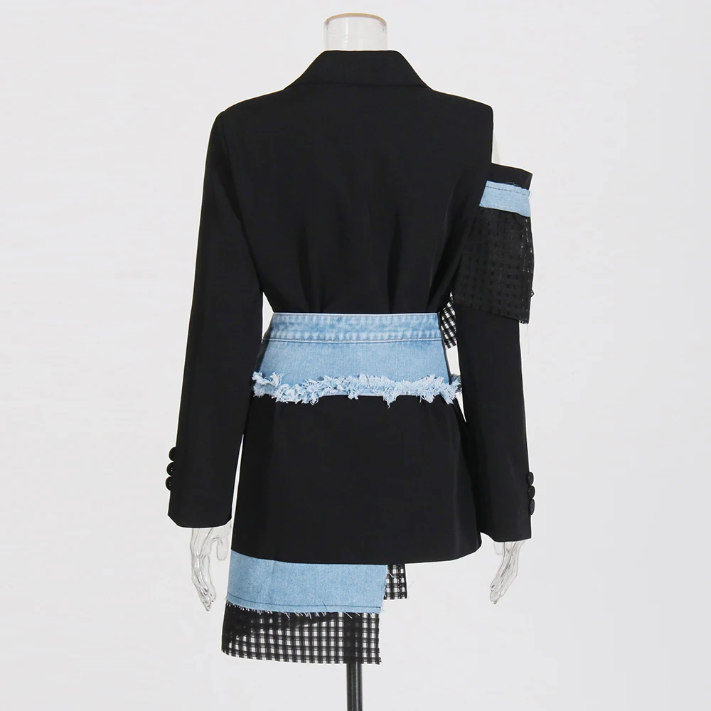 TWOTWINSTYLE Colorblock Hollow Out แจ็คเก็ตผู้หญิง Notched คอยาวแขนยาว Patchwork Denim แจ็คเก็ตวินเทจเสื้อผ้าหญิง