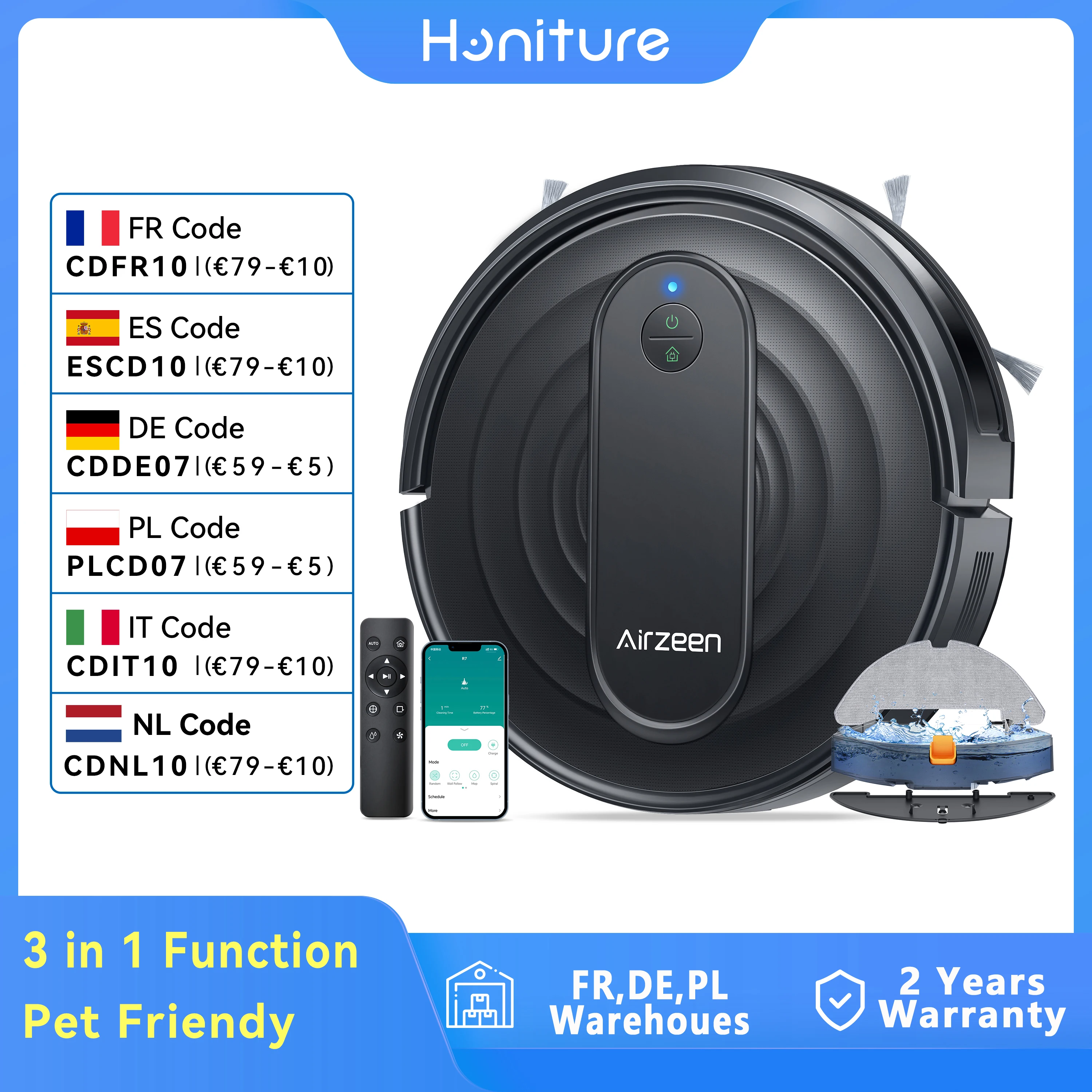 Honiture Airzeen Robot-Staubsauger und Wischmopp, 3000Pa Saugkraft, Steuerung per App/Alexa, Geplante Reinigung, Selbstaufladend, Ideal für Tierhaare/Haar/Staub