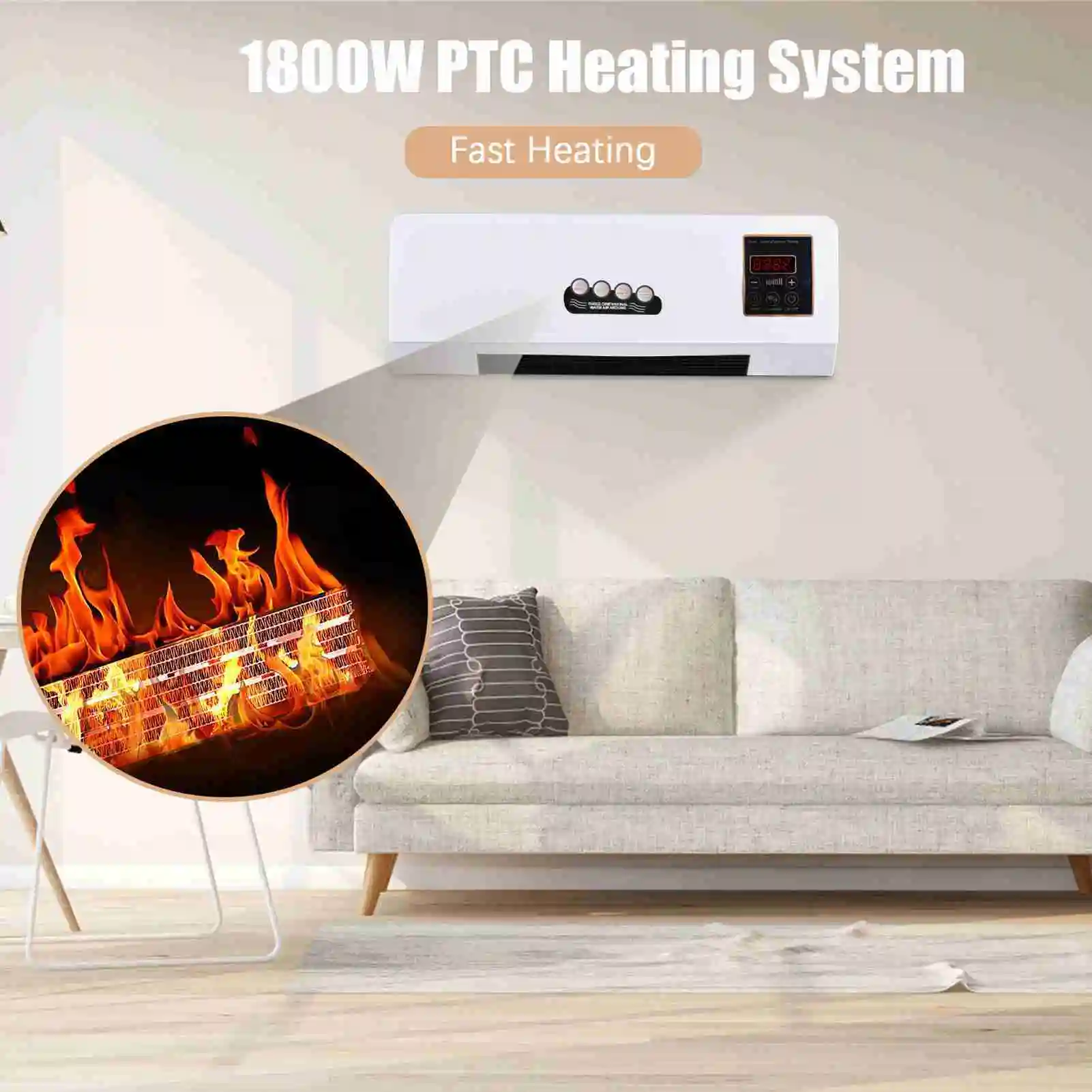 Heater with Fan Heater Fan 2 in 1 Heating Nature Wind Timing Digital Display Wall Mounted Space Heater for Home  Dormitory