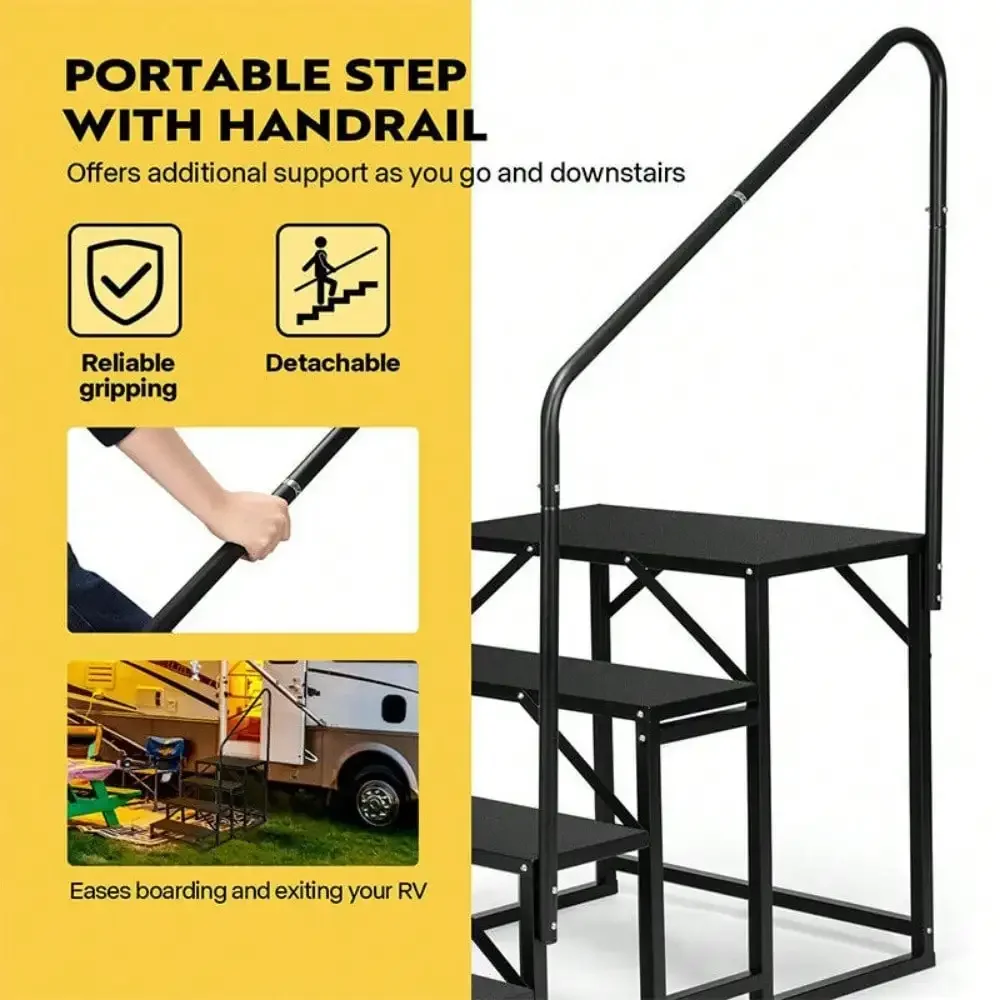 RV 4 Steps with Handrail Mobile Home Ladder Portable Stairs for RV, Hot Tub, Spa