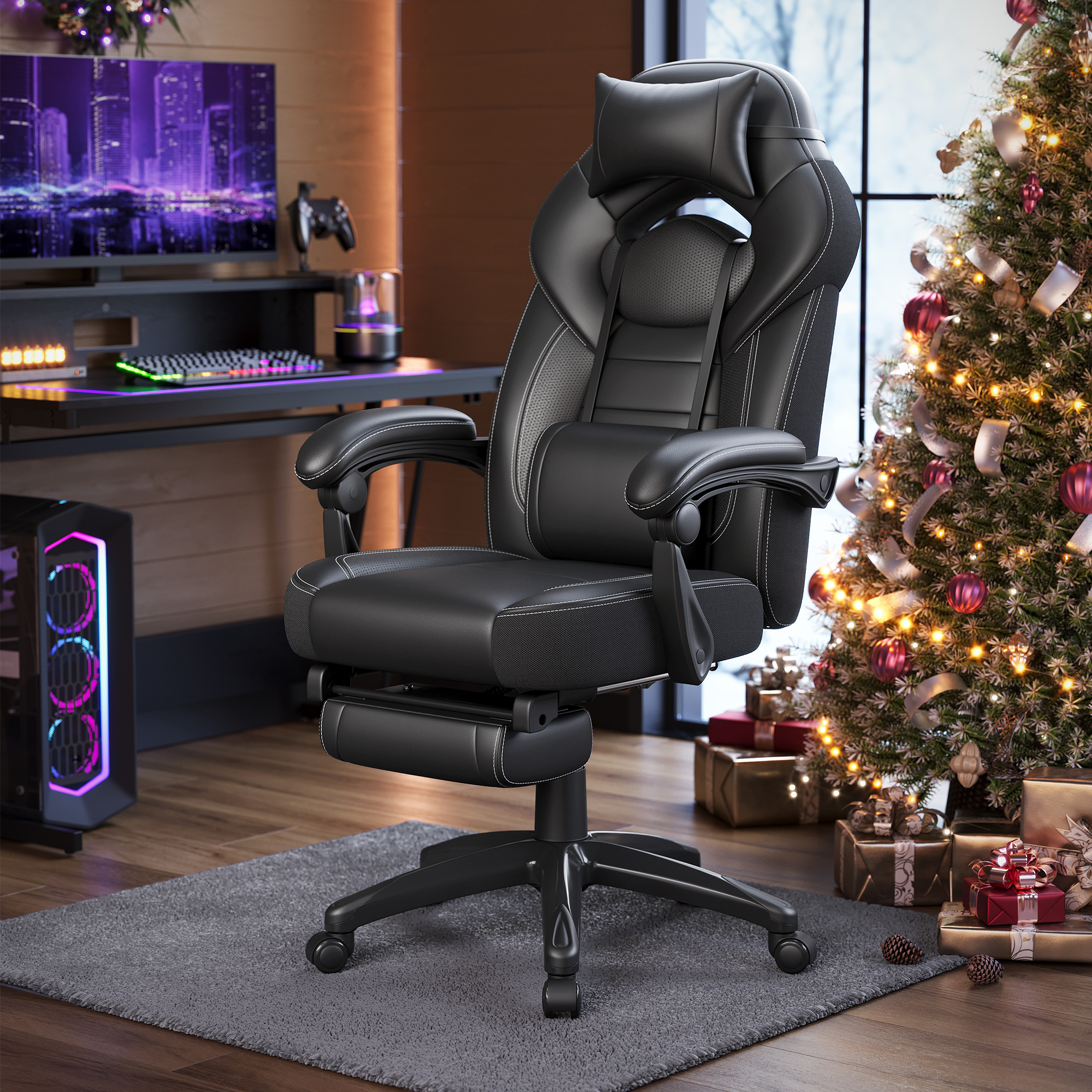 SONGMICS Fauteuil gamer ergonomique, Chaise gaming, Fauteuil de bureau, avec repose-pieds télescopique, appui-tête réglable, support lombaire, capacité de charge 150 kg