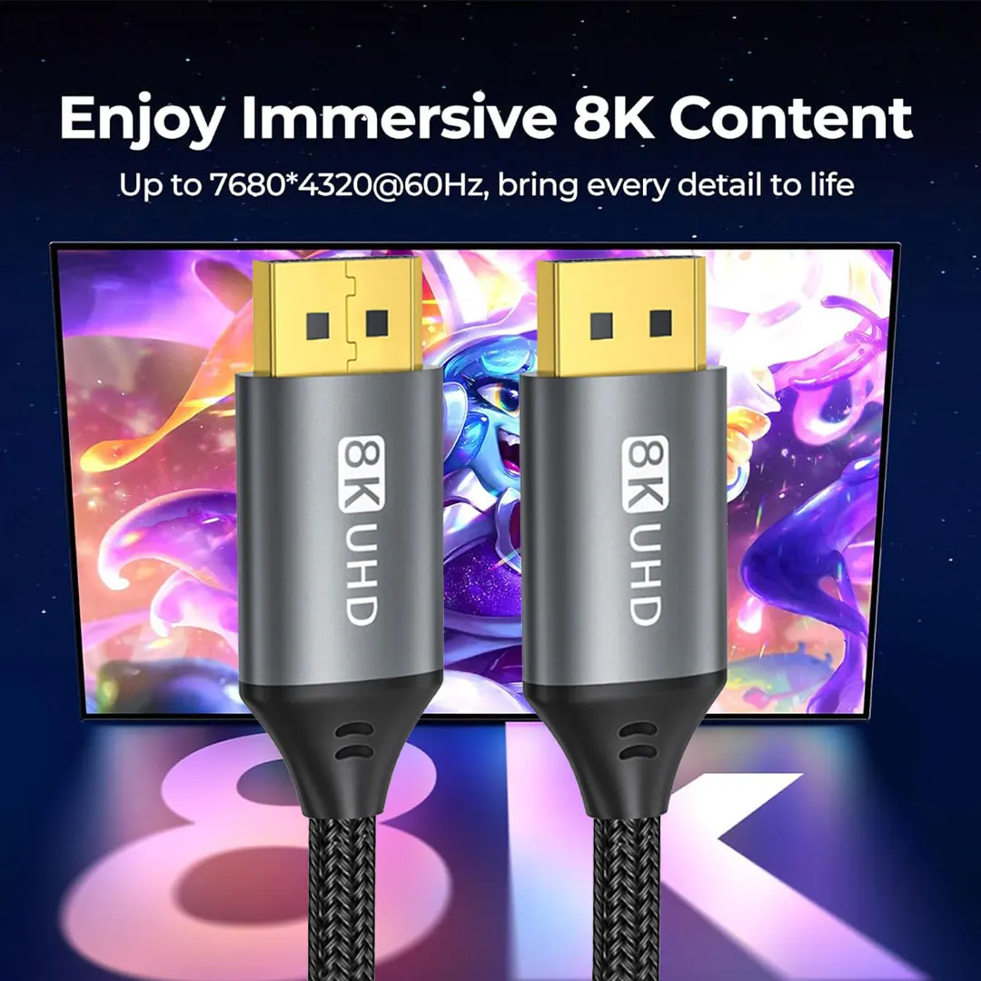 8K DP Cable DisplayPort Cable 1.4 High Speed Display Port Cord 8K@60Hz G-Sync FreeSync 4K@144Hz 2K@240Hz HDR 10 32.4Gbps