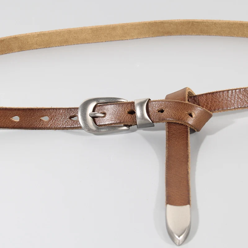 Cinturón decorativo anudado de sección delgada extendida para mujer, cinturón de falda delgada que combina con todo, cinturón vaquero de cuero genuino suave y estrecho para mujer
