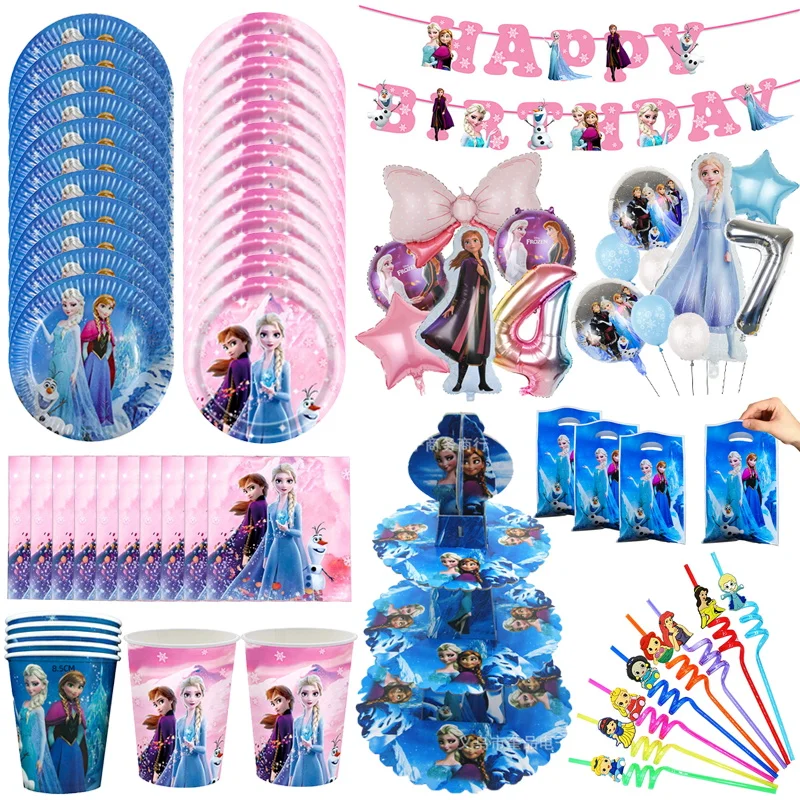 Decoración de fiesta de cumpleaños de Frozen de Disney, Reina de la nieve, Anna, Elsa, globo rosa y azul, servilleta de papel, plato, taza, suministros para Baby Shower para niños