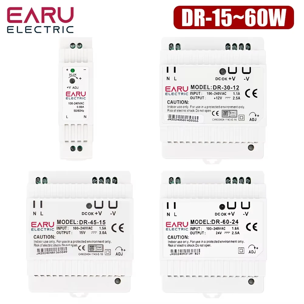 15W 30W 45W 60W salida única DC 5V 12V 24V interruptor de fuente de alimentación de carril Din Industrial entrada 100-240VAC DR-15 DR-30 DR-45 DR-60