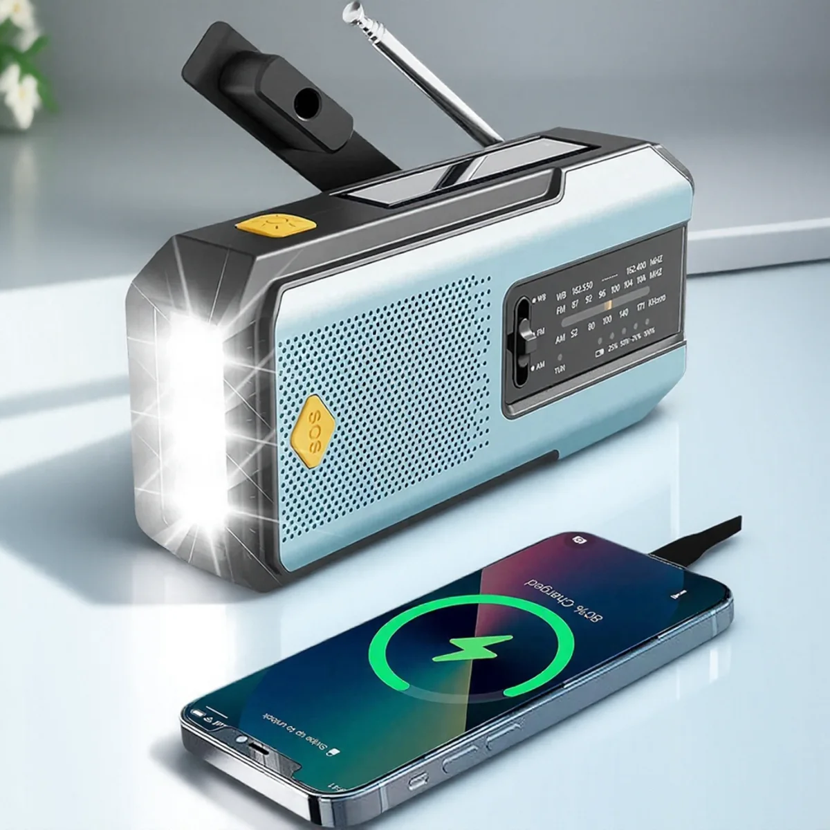 Manivela Solar portátil, Radio de emergencia, receptor FM Global, linterna LED, alarma SOS de alta calidad de 2000mAh