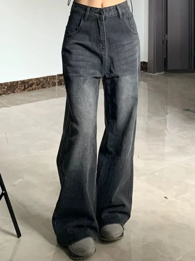 วินเทจสีดํากางเกงยีนส์ผู้หญิงเอวสูงY2k 90วินาทีStreetwear Baggy Casualแฟชั่นตรงล้างกางเกงยีนส์