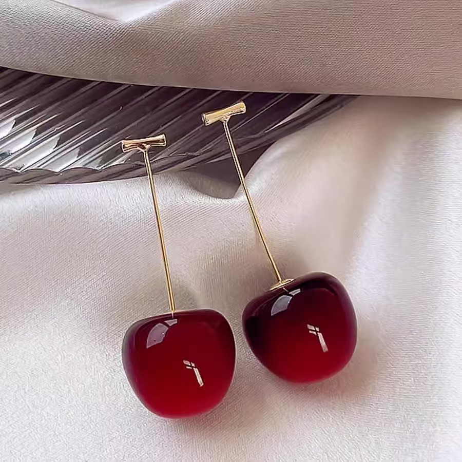 Ladies' Exquisite Cherry Drop Earrings, Sweet Red and Shiny Gold, Daily Wear Jewelry