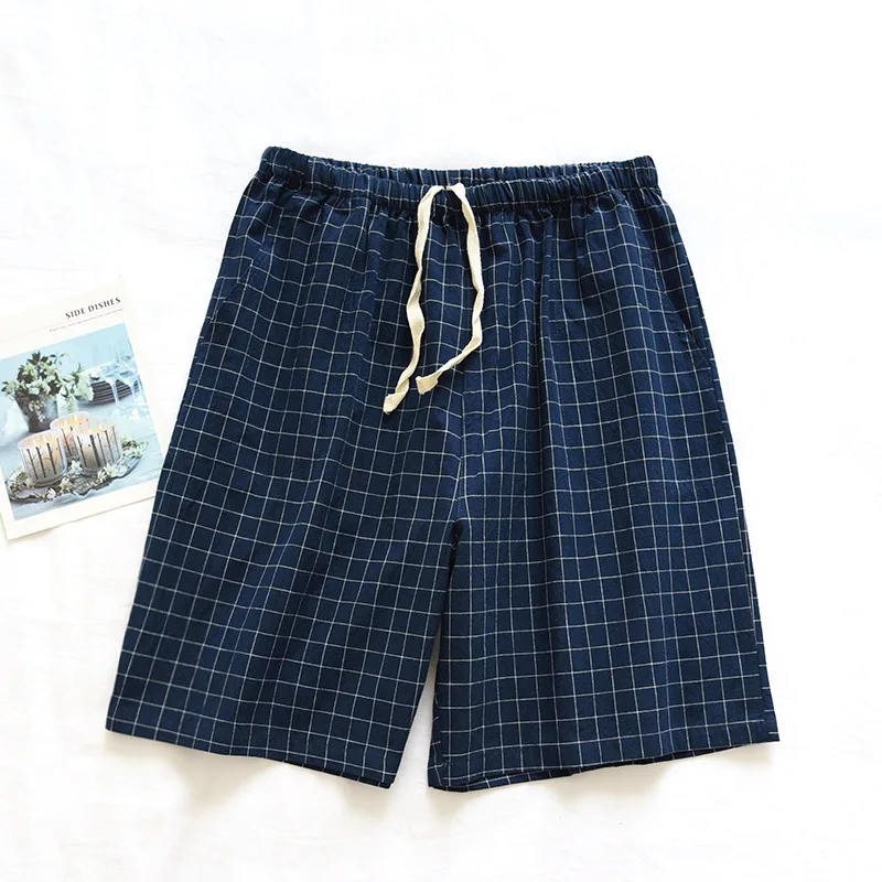 Calções masculinos de algodão, cor sólida, simples, soltos e respiráveis, calças de dormir para estudantes, cintura elástica, calças de pijama xadrez