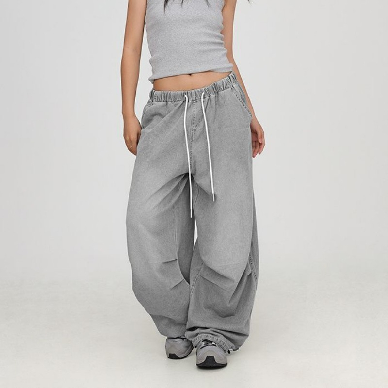 น้ําซีเมนต์สีเทา Hip Hop กางเกงยีนส์วินเทจผู้หญิง American High Street Hundred Dance JAZZ Casual กางเกงฤดูใบไม้ร่วง Frayed Design กางเกงยีนส์