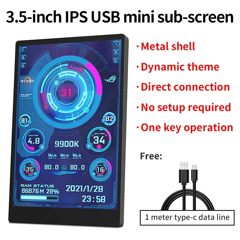3.5 / 5 Polegada ips tipo-c tela secundária mini computador display usb cpu gpu ram hdd monitor com suporte caixa de metal sem uso aida64