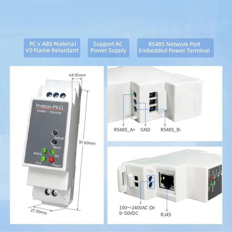 Protoss-PE11 DIN-Rail Modbus RS485 seriële poort naar Ethernet-converter