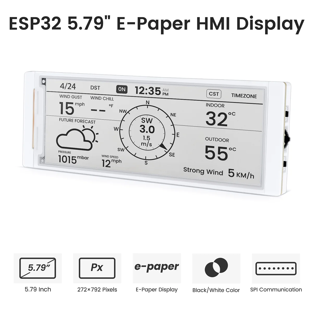 CrowPanel ESP32 Display HMI E-paper da 5,79" 272*792 Colore nero/bianco azionato da interfaccia SPI per Arduino /ESP/MicroPython