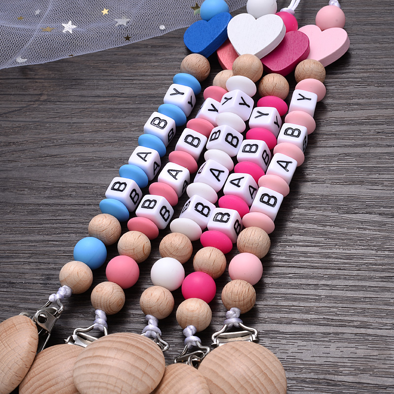 Baby Personalized Name Wood Nipple Holder Clip Pacifier Teething Chew Toy Food Grade Infant Teether Dummy Chain Shower Gift