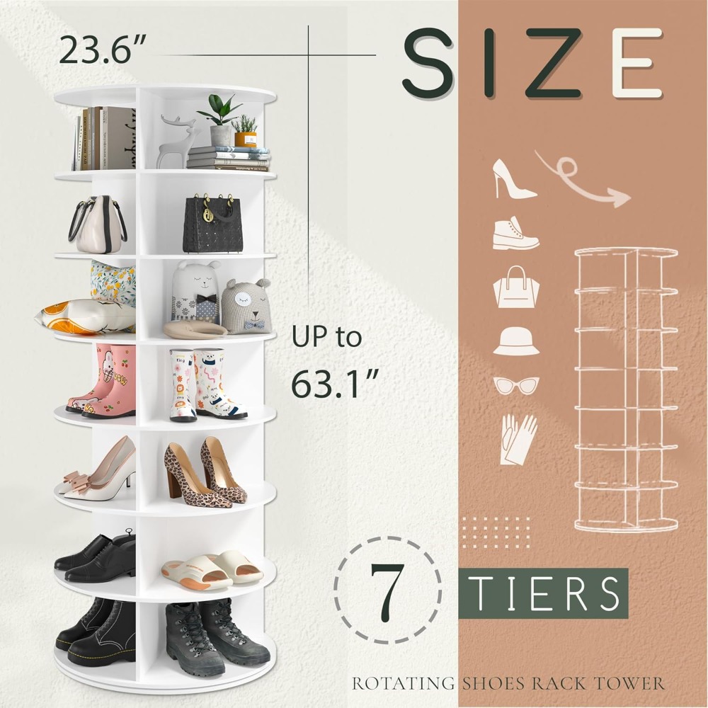 7-layer Rotating Shoe Rack Tower, New Upgraded 360 Degree Circular, Vertical Handbag White Rotating Shoe Rack Tower
