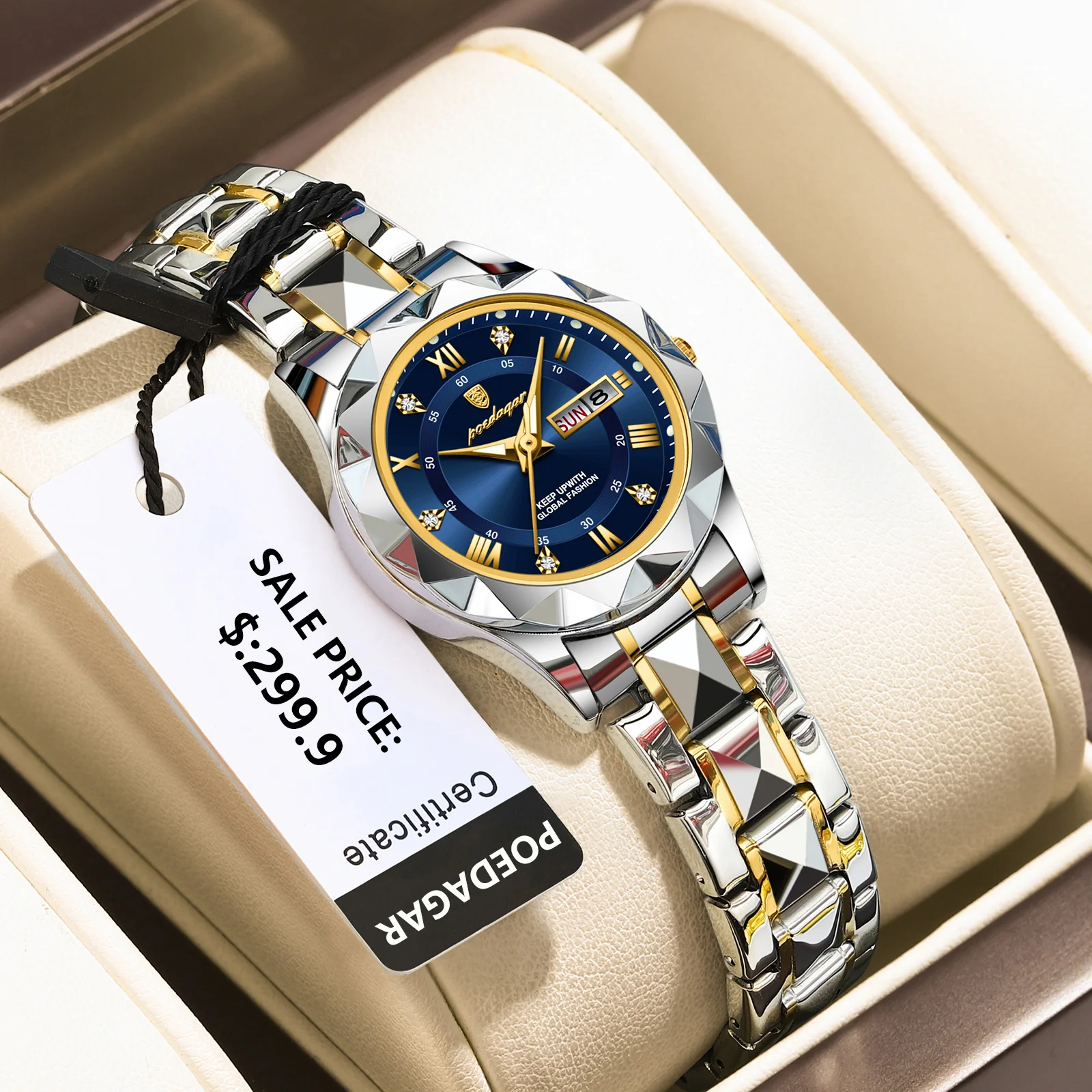 POEDAGAR, reloj elegante de lujo para mujer, reloj de pulsera luminoso resistente al agua con fecha semanal para mujer, relojes de cuarzo de acero inoxidable a la moda para mujer
