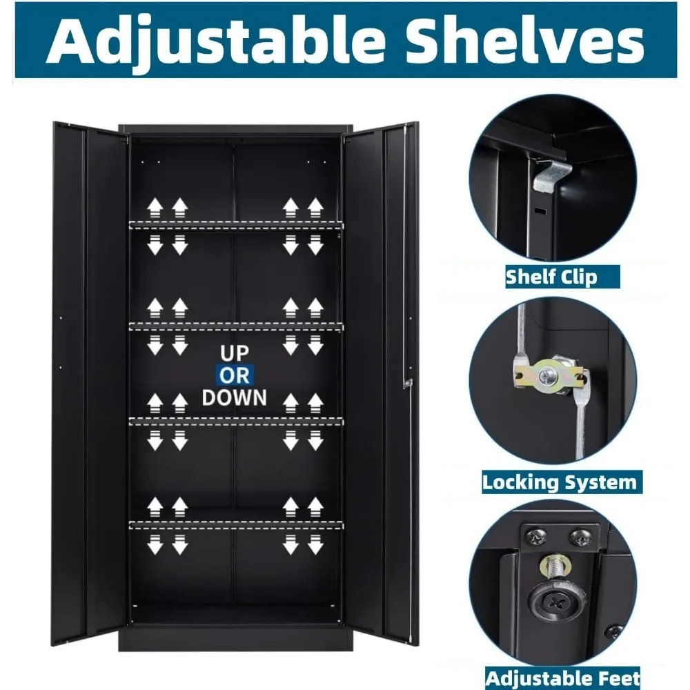 Garage Storage Cabinet with Doors and Shelves, Metal Storage Cabinet with 5 Adjustable Shelves, Kitchen Pantry Cabinet