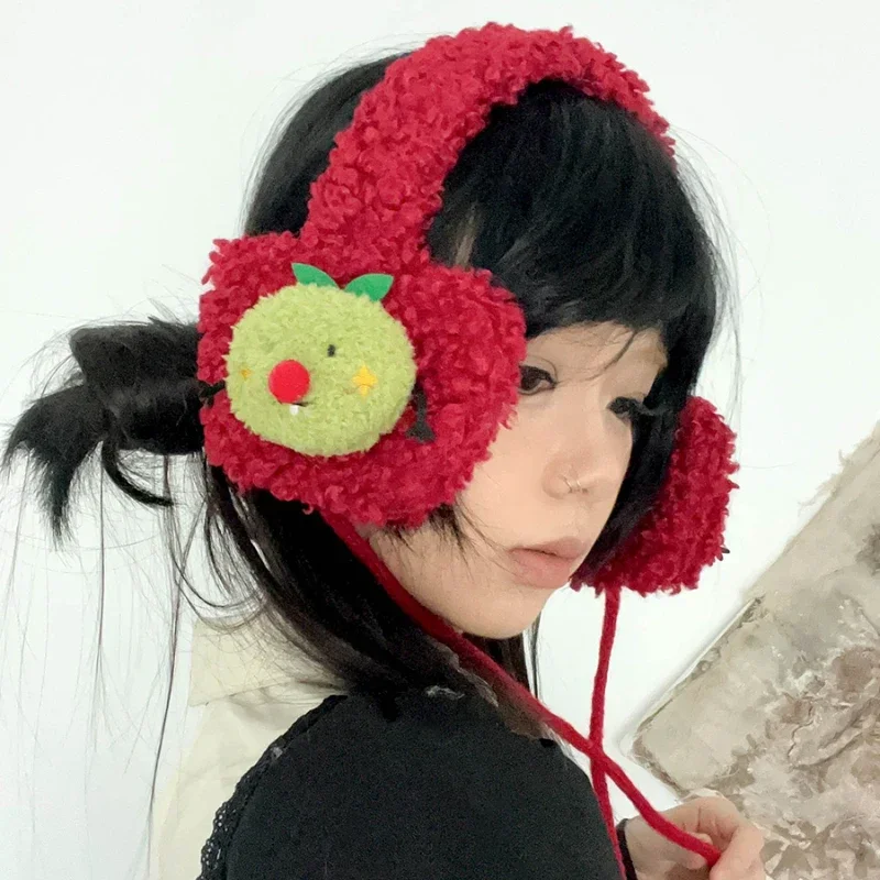 Orejeras de felpa roja con diseño en forma de manzana para mujer, protección para los oídos cálida, correas versátiles, diadema de moda, Otoño e Invierno