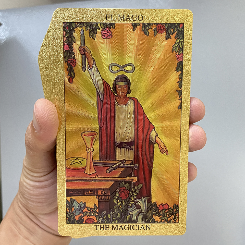 Spanische und englische Tarotkarten aus goldener Folie, 12 x 7 cm, Wahrsagerei-Prophezeiungsdeck für Anfänger mit zweistufigem Leitfaden-Taro