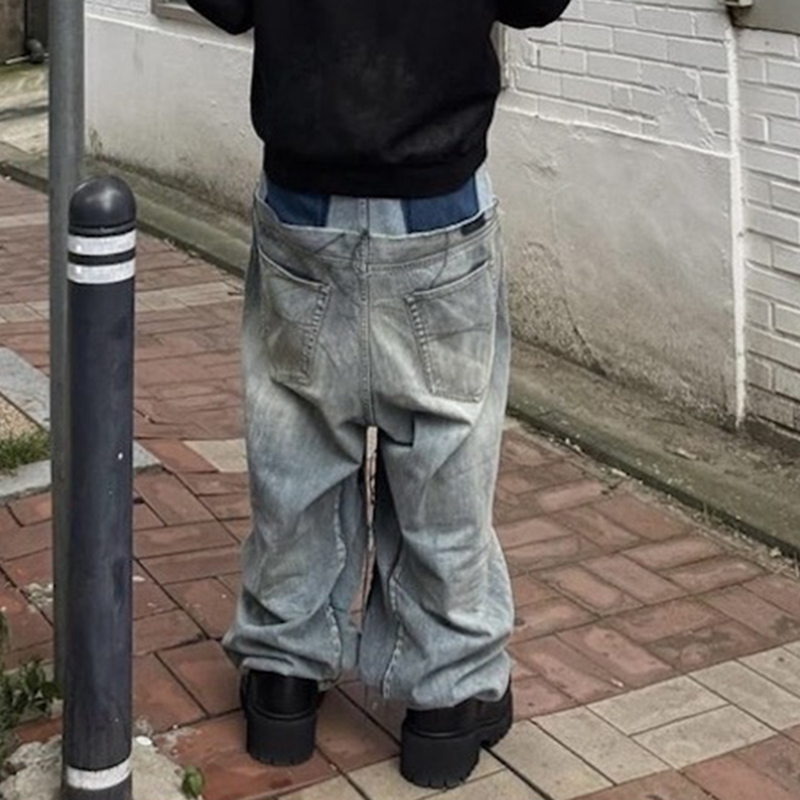 CUT-UP dubbellaagse patchwork baggy jeans met dubbele taille voor heren en dames Rechte casual losse denimbroek Oversized