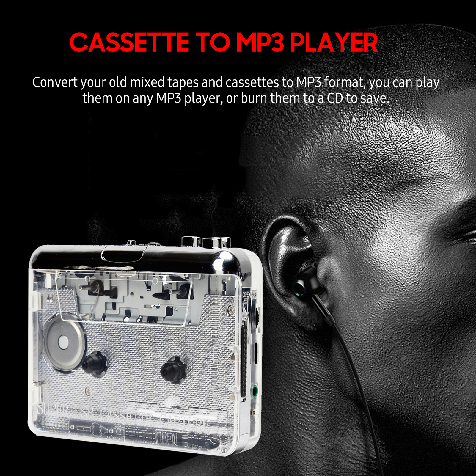 USB MP3 Music Player Converter, Walkman, Laptop, PC, Viagem, Vista, Cassette Tape to CD Headphone, Bateria