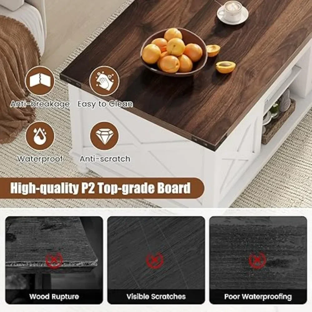 Mesa de centro elevatória de fazenda de 48 "com porta deslizante de armazenamento e grande compartimento oculto, mesa de centro com tampo de elevação