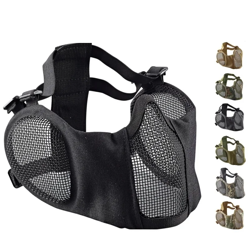 Zlangsports-mascarilla táctica de media cara para Airsoft, mascara protectora plegable de red de Metal, máscara protección para los oídos, ajustable, CS Wargame