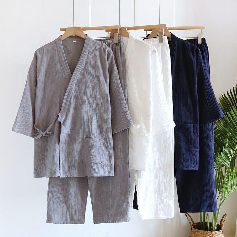 Pyjama Kimono Japonais pour Homme, Vêtement de Nuit en Gaze Fine, Haut à Lacets + Pantalon, Deux Pièces, Printemps Automne