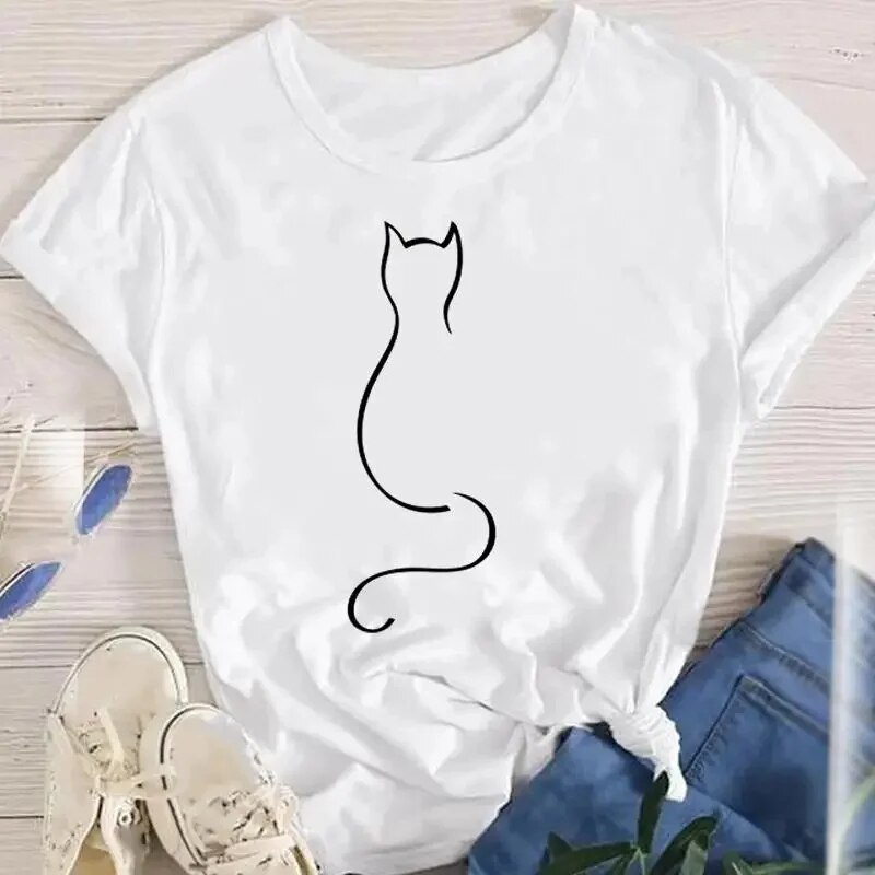 Camisetas engraçadas do pescoço do gato O feminino, tops do animal do verão da menina