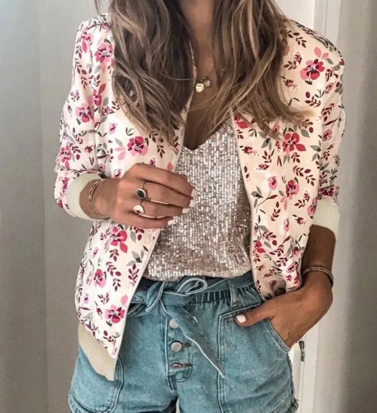 Feminino elegante zíper jaqueta bomber primavera outono floral impresso jaquetas escritório wear fino casaco de escritório retro outwear