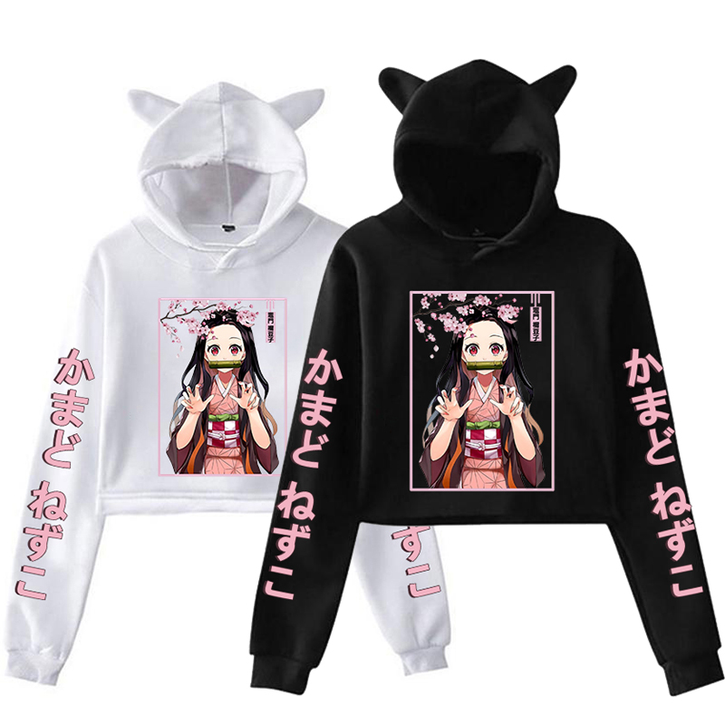 Nueva moda mujer chica Sudadera con capucha Kamado Nezuko manga larga oreja de gato ropa de calle pulóver Harajuku Anime Tops cortos