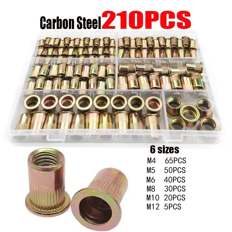 210/165/100 pièces boîte écrous à rivets en acier au carbone M4 M5 M6 M8 M10 M12 écrous à rivets à tête plate ensemble matériel multi-tailles insérer écrous à rivets