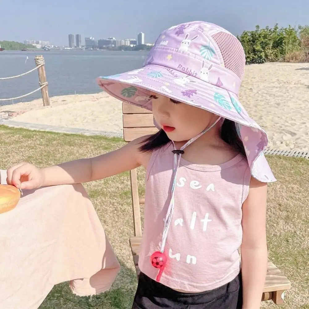 Anti UV crianças verão bebê chapéu de sol balde com apito para meninas meninos ao ar livre pescoço orelha capa praia boné