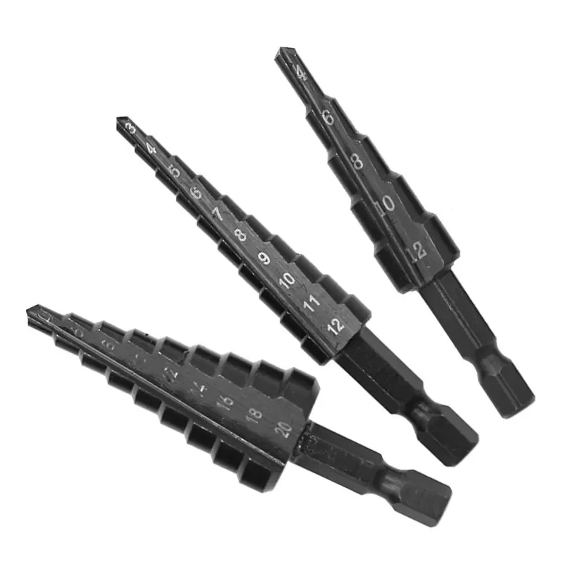 Set di 3 punte da trapano per scaletta con scanalatura diritta con codolo esagonale nero, alesatura e apertura dei fori, set di strumenti per trapano a pagoda annerita