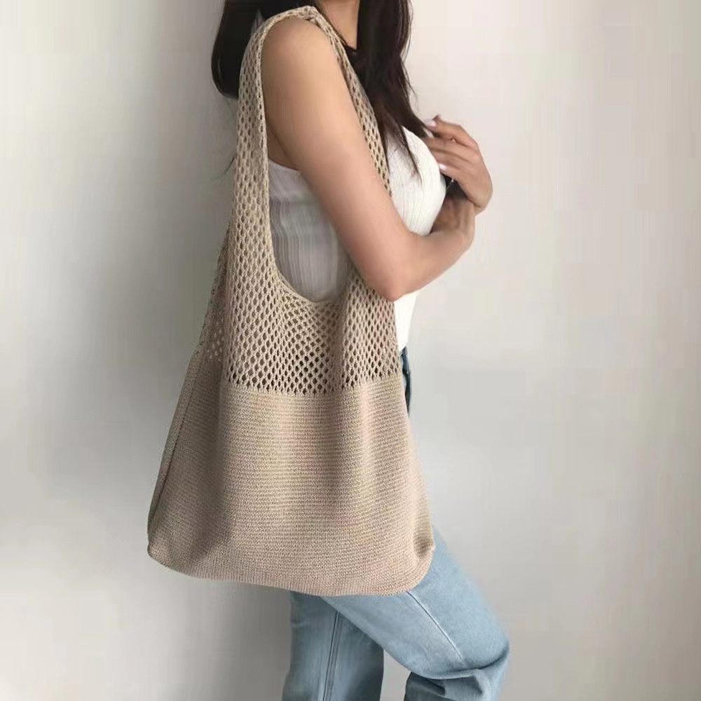 Bolsa de ombro versátil de cor sólida de crochê, sacola elegante e desleixada de tecelagem oca, sacola de compras moderna, bolsa hobo estética