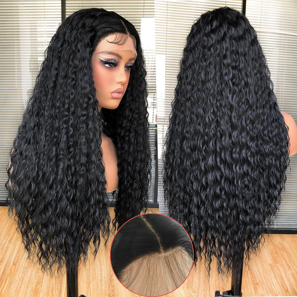 黒ロングカーリーレースフロント 13*3 かつら黒人女性のためのロングディープウェーブ合成かつらベビーヘア耐熱ファイバーグルーレス