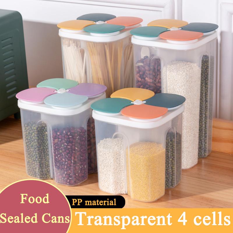 Caja de almacenamiento de cereales de cocina, plástico, 4 rejillas, tarro sellado para cereales, contenedor de alimentos, tanque de granos a prueba de humedad, caja para mantener frescos espaguetis