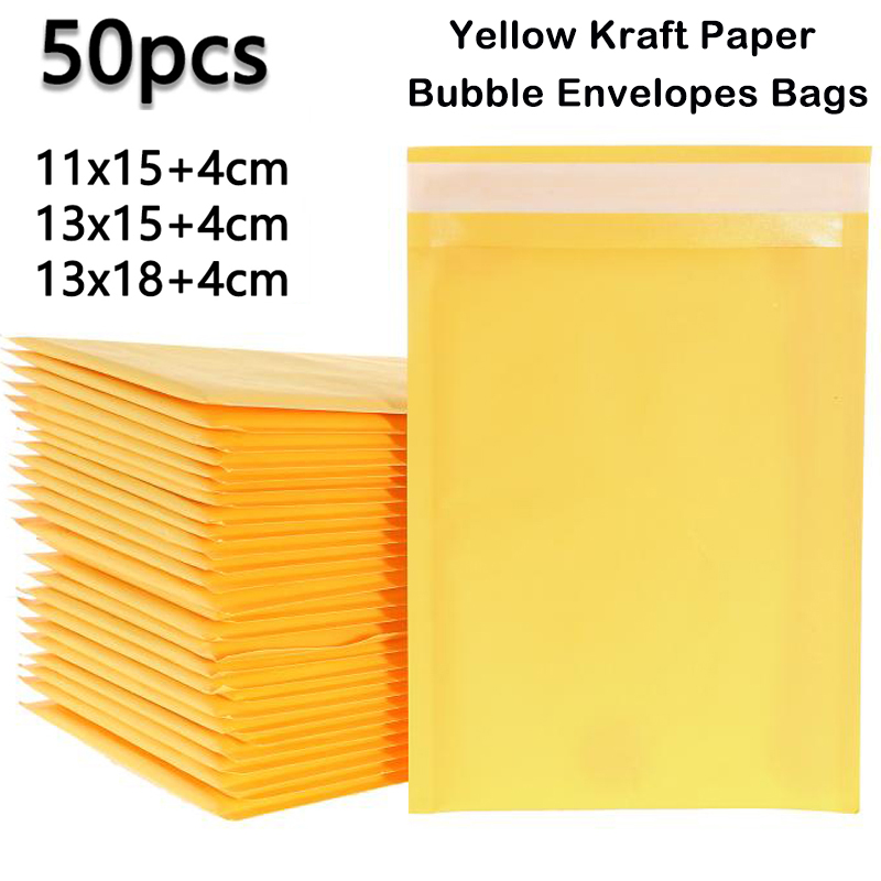50 unids/lote de bolsas de sobres de burbujas de papel Kraft amarillo, sobres de envío acolchados, bolsas de embalaje de burbujas, bolsas de almacenamiento de mensajería