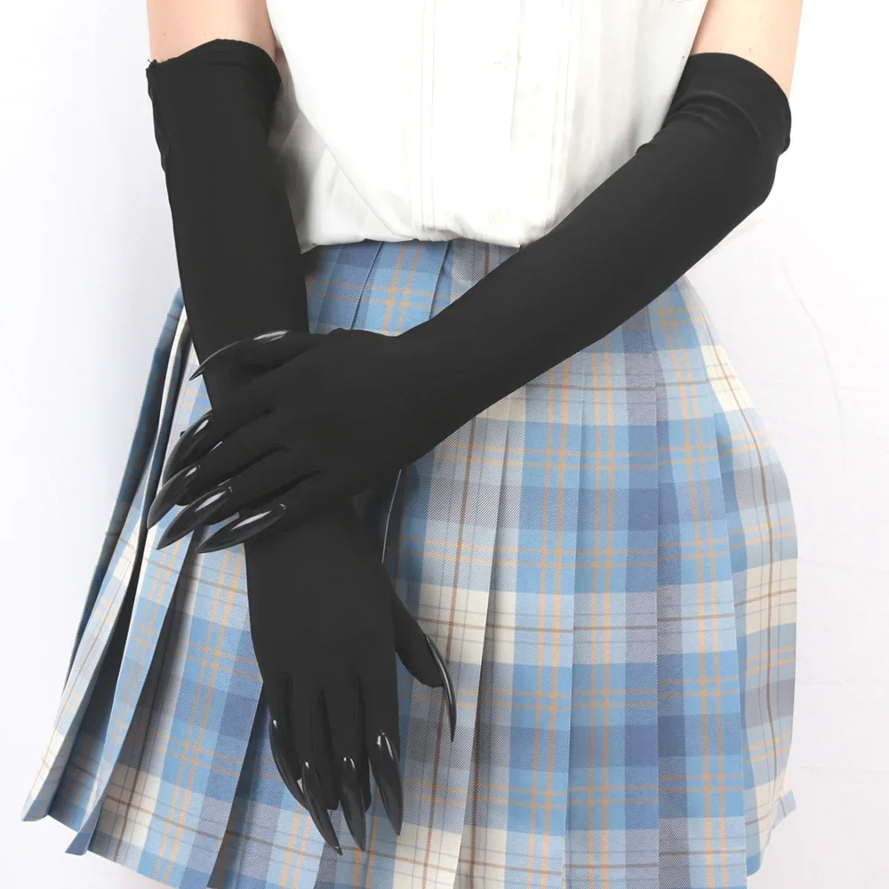 แต่งหน้าฮาโลวีนแม่มดเล็บสีดํา Ghost Cat Demon Paw ถุงมือคอสเพลย์สีดํายืดหยุ่นซาติน Stage Performance ผู้หญิงยาว Mittens