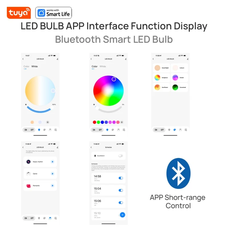 Tuya สมาร์ทหลอดไฟ LED E27 APP ควบคุมหรี่แสงได้บลูทูธ RGB 220V ตกแต่งห้องนอนแสง Smart Life