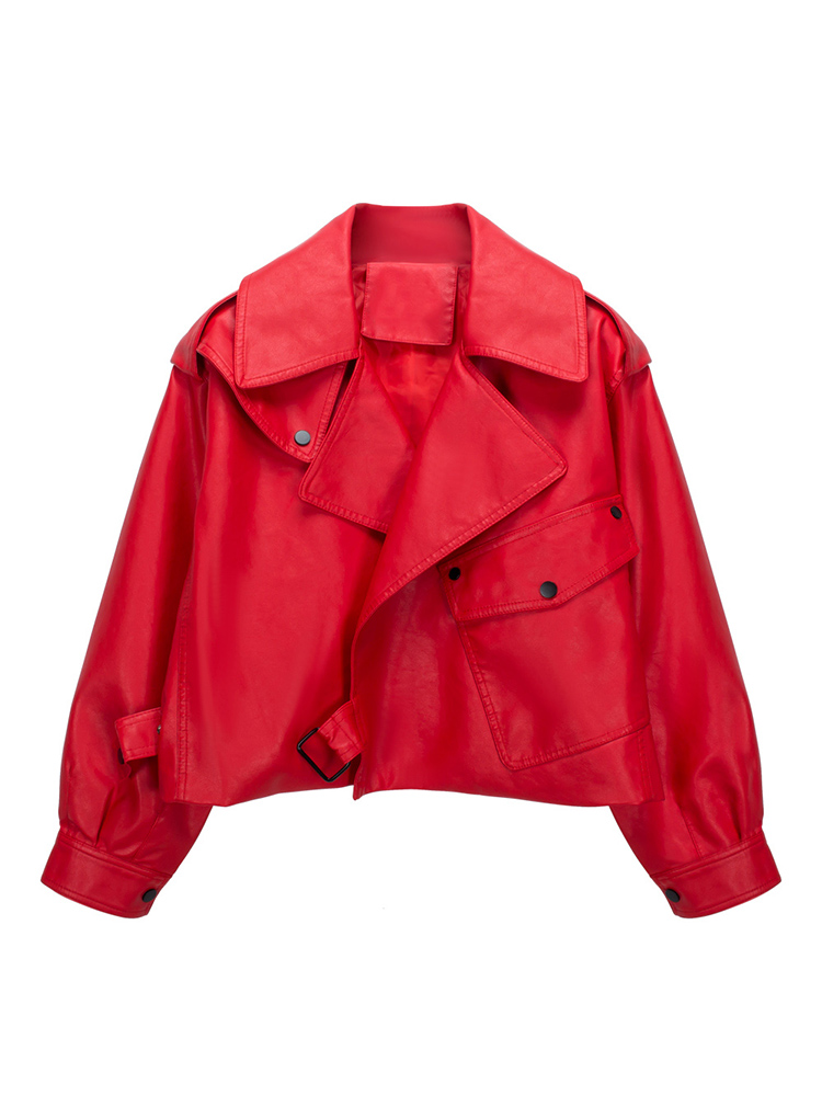 Ailegogo High Street ผู้หญิง Lapel หลวม Pu หนังสังเคราะห์สั้นแจ็คเก็ตฤดูใบไม้ผลิฤดูใบไม้ร่วงหญิงกระเป๋าขนาดใหญ่เข็มขัดเสื้อ Moto Biker Outwear