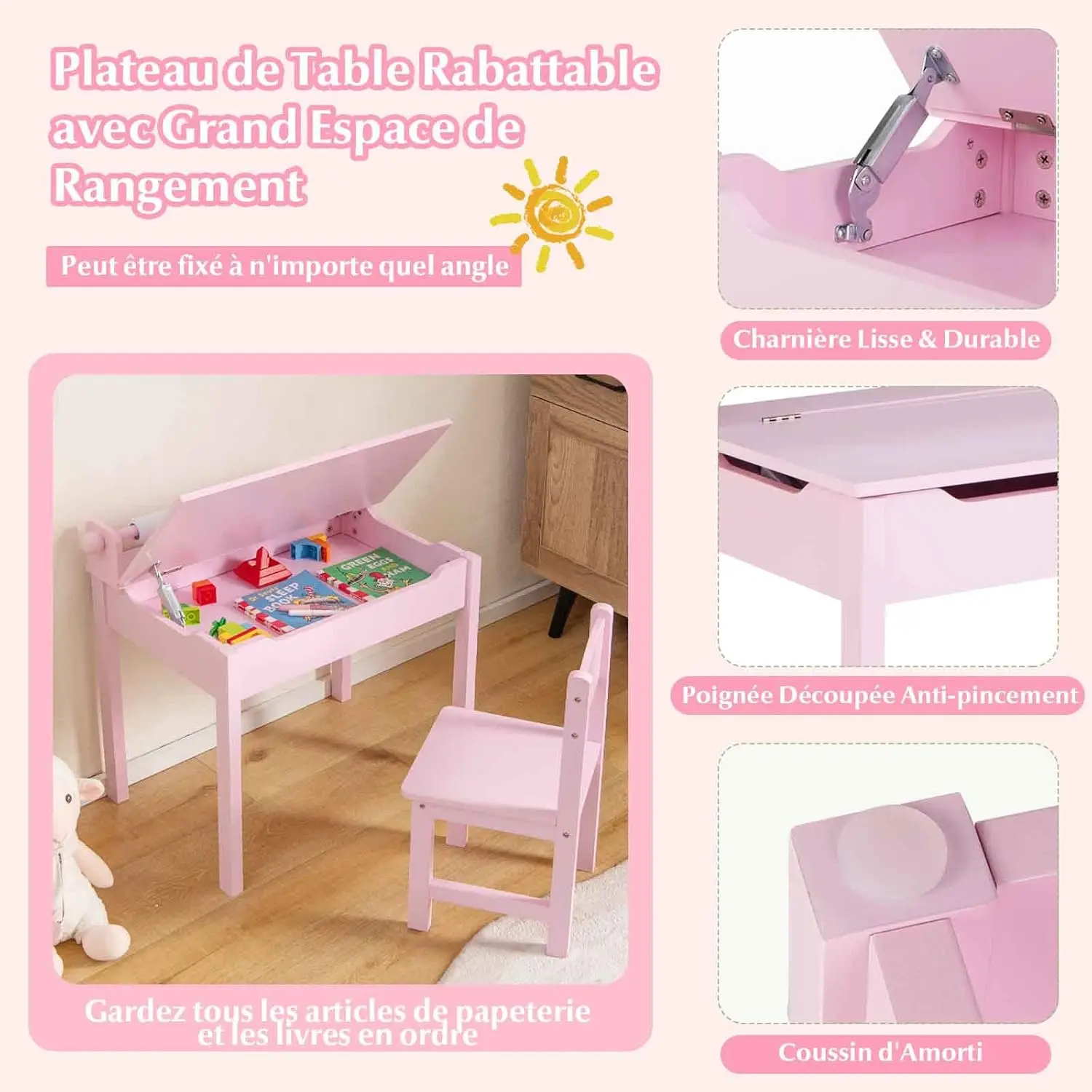 Kinderschreibtisch mit Stuhl, mit Klapptischplatte, mit Papierrollenhalter und Markern, für Kinder ab 3 Jahren (Rosa)